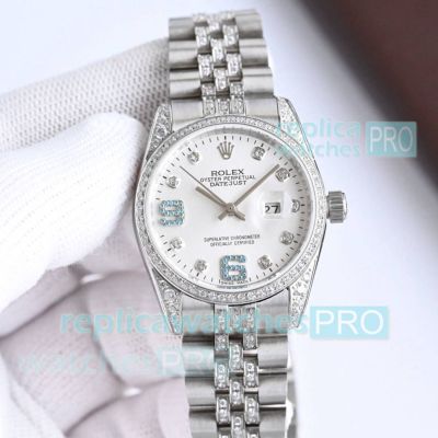 Swiss Clone Rolex Ladies Datejust Watch Blue Diamond Dial Diamond Band 